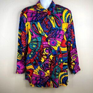 Vintage Womens DISCO PSYCHEDELIC Top Size 2X Pink Blue Satin Button Tunic Blouse